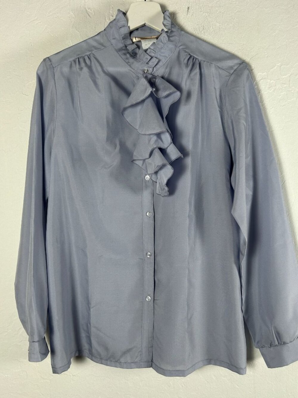 Vintage Kaki Roberts Womens Button Down Ruffled Blouse 16 Blue Long Sleeve NWOT